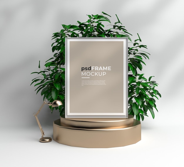 Interieur leeg frame mockup met potplanten en podiumvorm