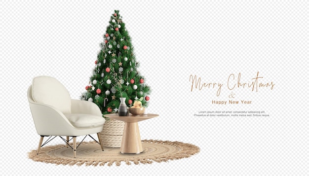 Interieur met fauteuil en versierde kerstboom