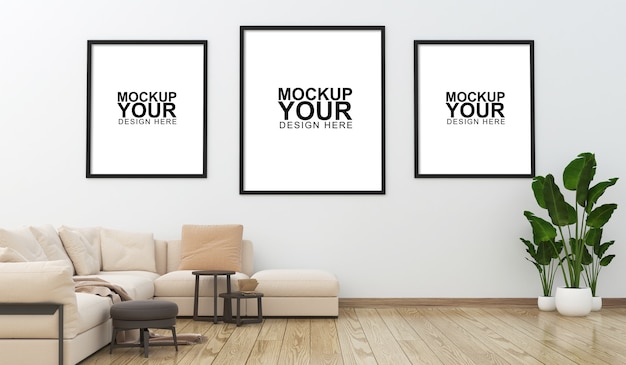 Interieur mockup van fotolijst op muur in 3d-rendering