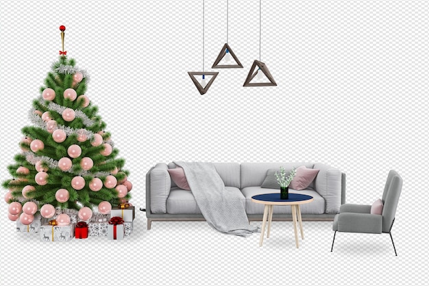 Interieur moderne woonkamer heeft kerstboom en bank 3d-rendering