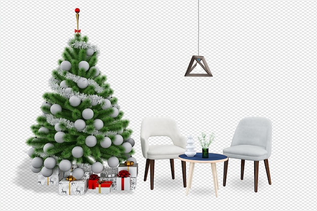 PSD interieur moderne woonkamer heeft kerstboom en fauteuil in 3d-rendering