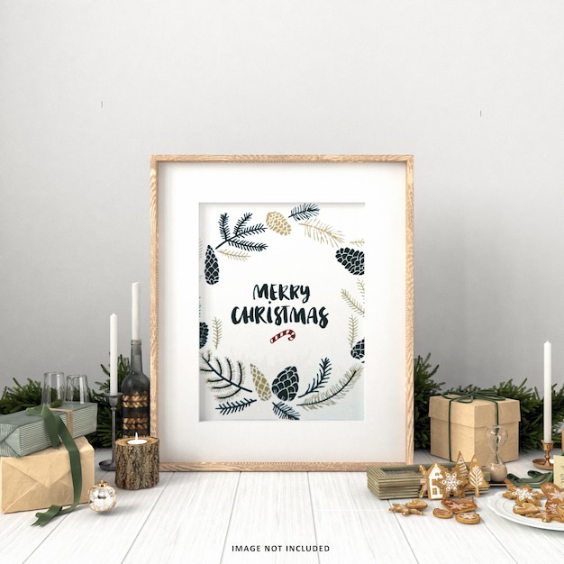 PSD interieur poster mock up met kerstversiering en cadeau