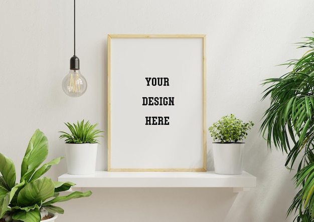 Interieur poster mock-up met verticaal leeg houten frame en planten