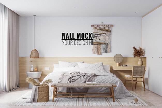 Interieur slaapkamer muur mockup 3d-rendering