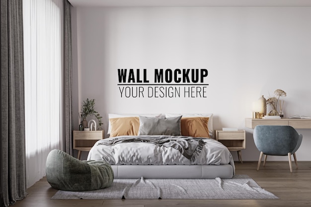 Interieur slaapkamer muur mockup 3d-rendering