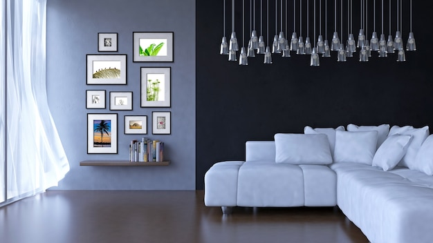 Interieur woonkamer met frame mockup en bekijk mockup