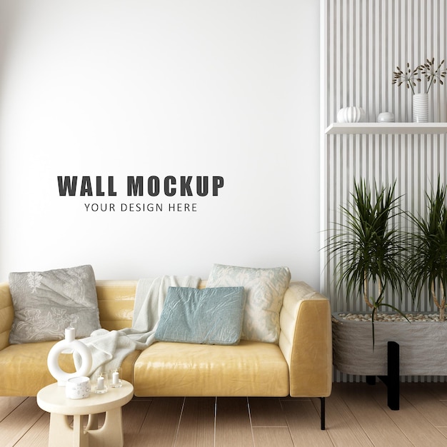 PSD interieur woonkamer muur mockup ontwerp in 3d-rendering