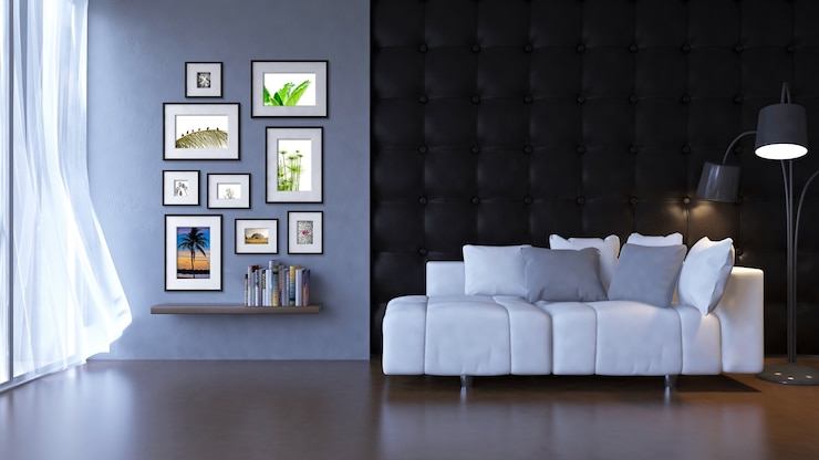 PSD interieurmodel mockup met bank en frames