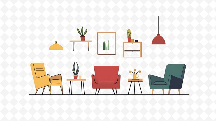 PSD interieurontwerp van een woonkamer met meubels en behang