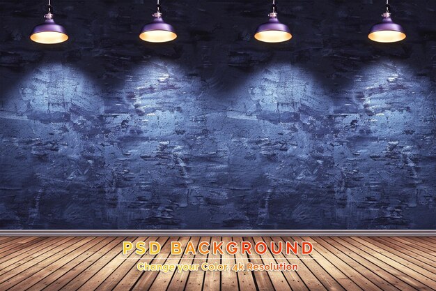 PSD interior background room with blue concrete wall wooden floor