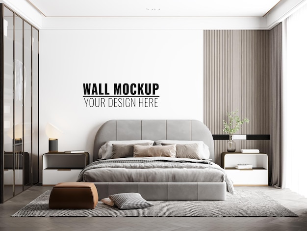 Interior Bedroom Wall Mockup, 3D rendering