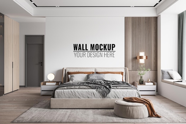 Interior Bedroom Wall Mockup, 3D rendering