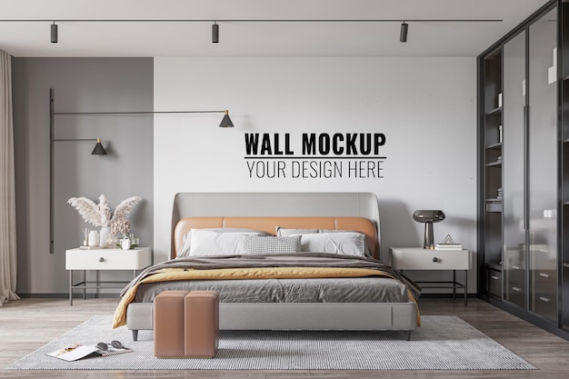 Interior bedroom wall mockup, 3d rendering