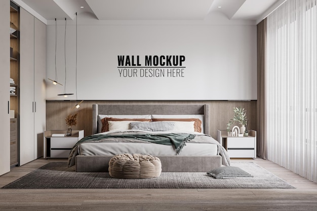 Interior Bedroom Wall Mockup, 3D rendering