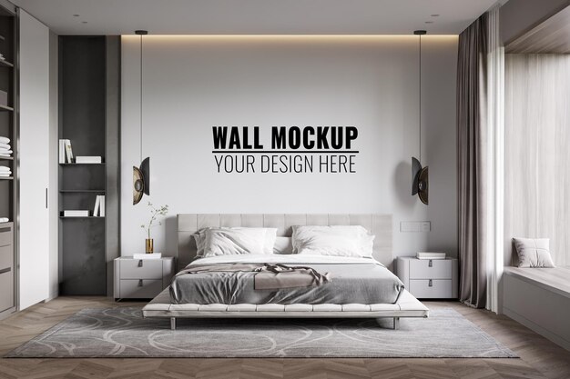 Interior Bedroom Wall Mockup, 3D rendering