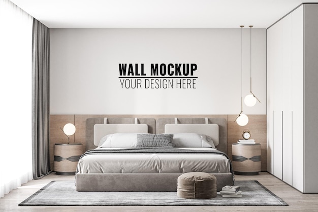 PSD interior bedroom wall mockup, 3d rendering