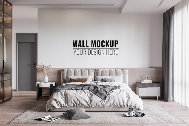 Interior Bedroom Wall Mockup, 3D rendering