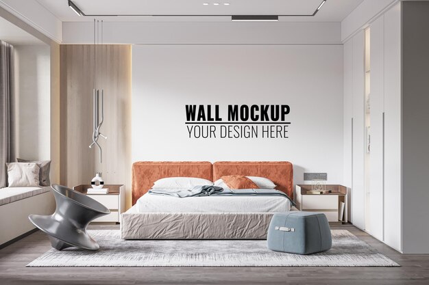 Interior Bedroom Wall Mockup, 3D rendering