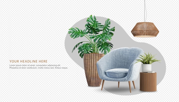 PSD interior decoration set in 3d rendering