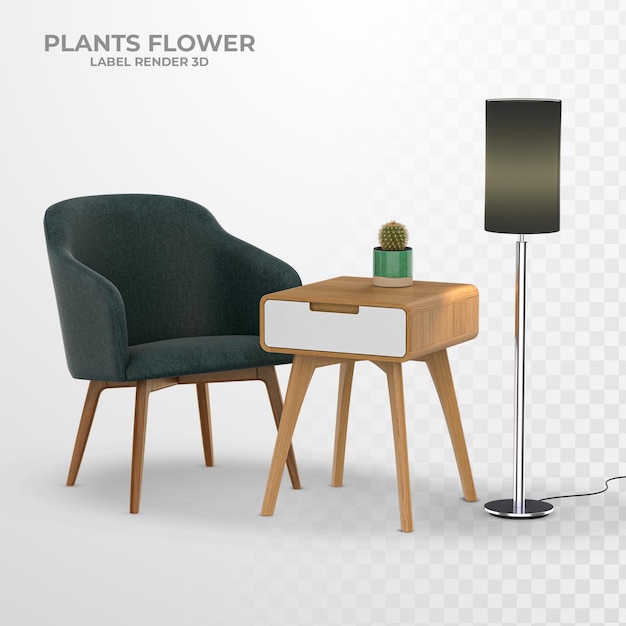 Interior decoration set in chair and table with plants 3d rendering