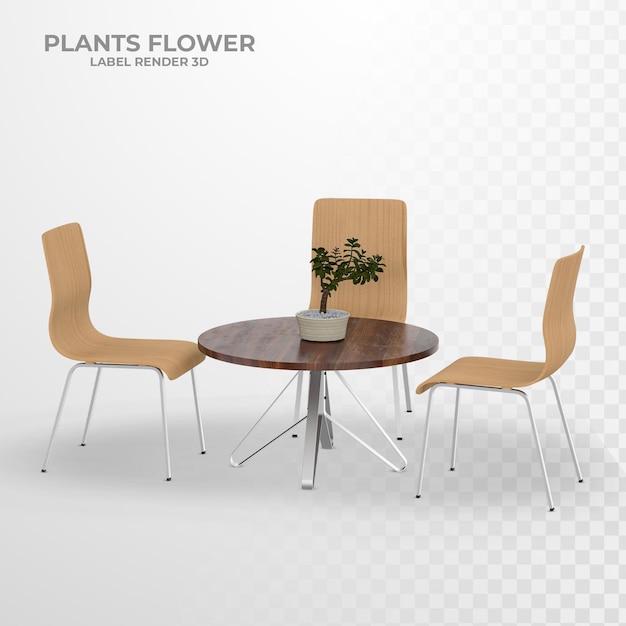 PSD 植物の3dレンダリングと椅子とテーブルに設定された室内装飾