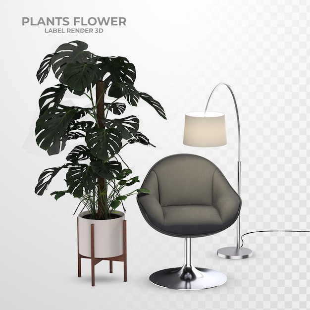 植物の3dレンダリングと椅子とテーブルに設定された室内装飾