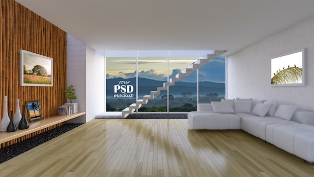 PSD Внутренняя отделка гостиной с рамкой макета и макета вида
