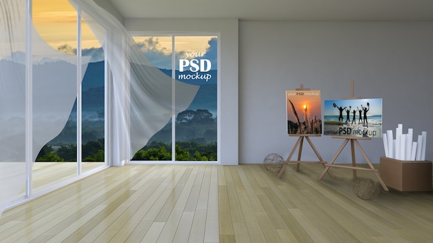 PSD soggiorno di design d'interni con cornice modello e vista mockup