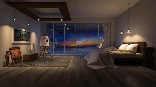 PSD mockup di interior design con camera da letto durante la notte