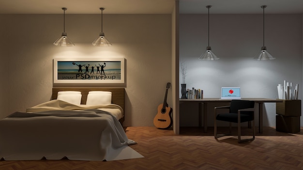 PSD mockup di interior design con camera da letto durante la notte