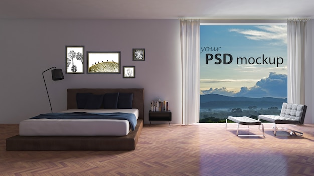 PSD mockup di interior design con grande finestra in camera da letto