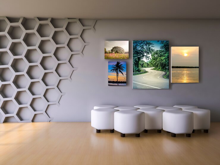 PSD interior design mockup with frames in modern living room