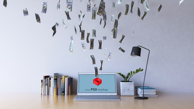 PSD interior design mockup with money flying into laptop