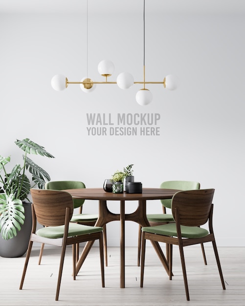 PSD interior dining room wall mockup with green wooden chair