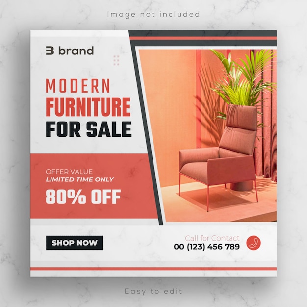 Social media di vendita di mobili per interni banner e volantino quadrato del prodotto della casa o modello di post di instagram design.