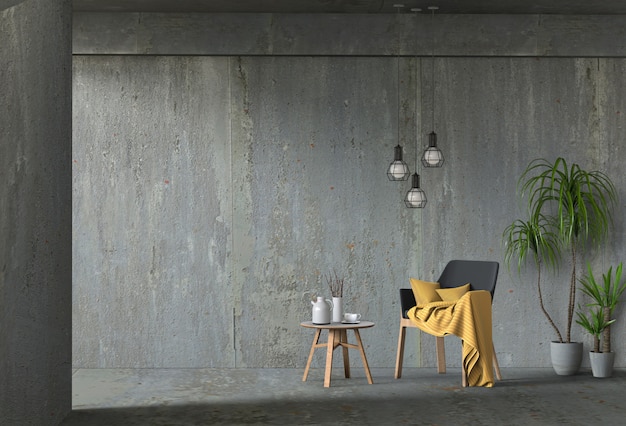 PSD interior living concrete wall room with chair