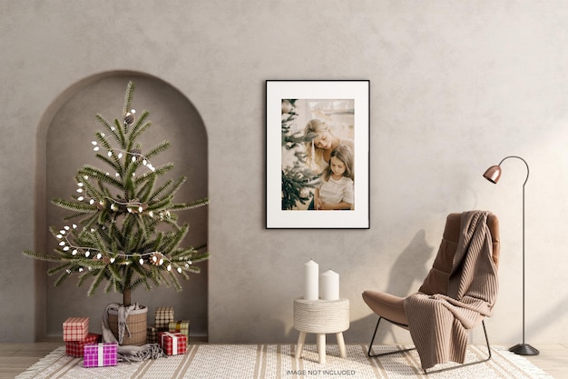 PSD interior living frame and christmas tree mockup