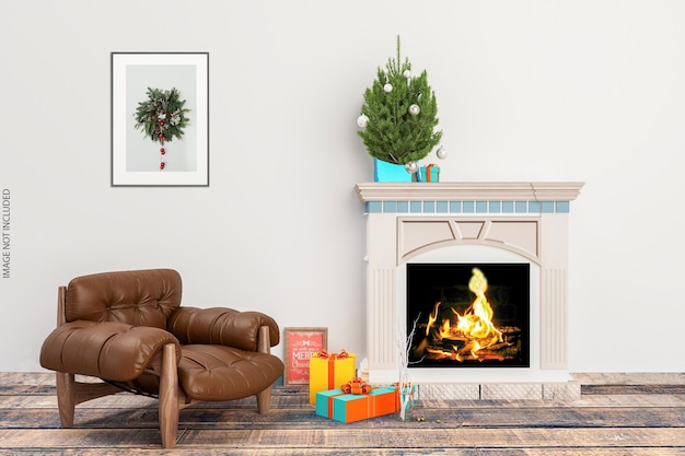 Interior living frames and christmas tree and chair mockup