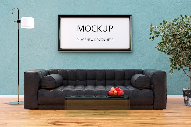 Interior living room decoration with mockup picture frame 3d rendered illustration