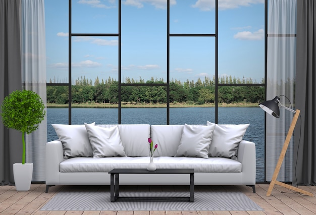 interior living room and river landscape. 3d rendering
