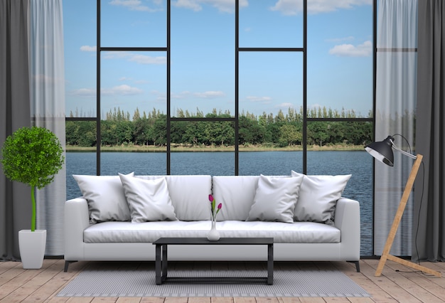 Interior living room and river landscape. 3d rendering