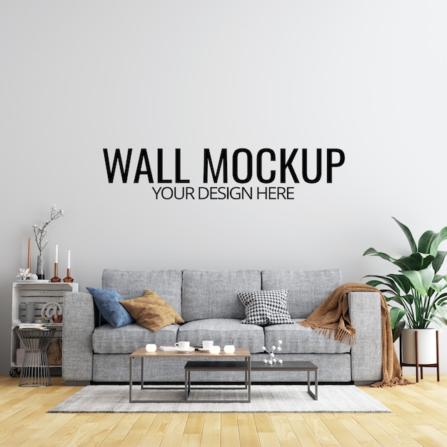 Interior living room wall background mockup with furniture and decoration