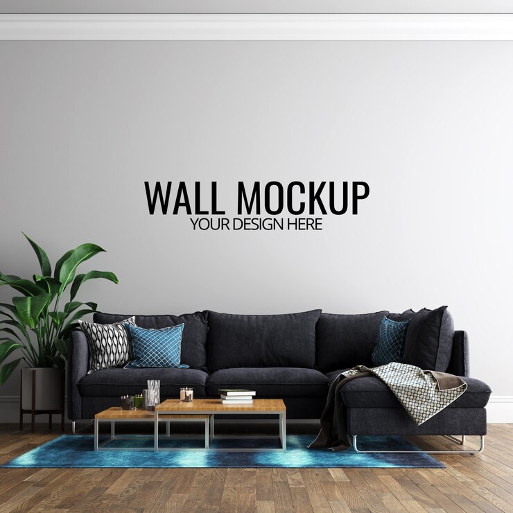 PSD interior living room wall background mockup with furniture and decoration