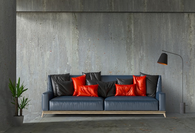 interior living room wall concrete with sofa, plant, lamp
