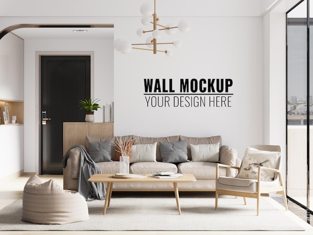 Mockup 3d della parete del soggiorno interno rendering 3d illustration