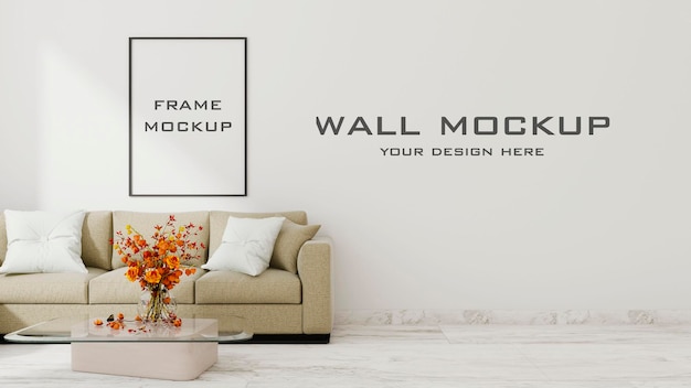 Mockup di parete del soggiorno interno con mockup di cornice psd premium