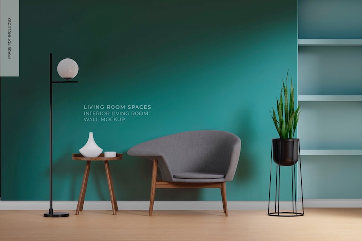 PSD interior living room wall with shelf mockup, front view