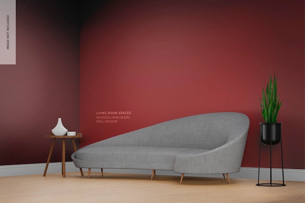 PSD interior living room wall with sofa mockup, perspective