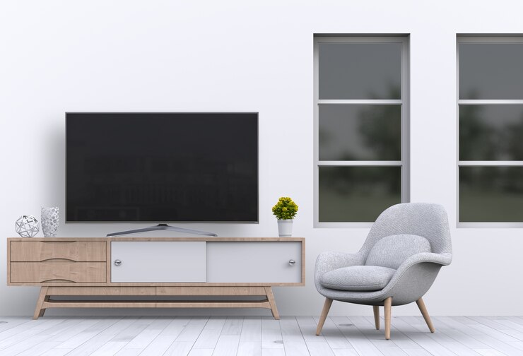 PSD interior living room with smart tv, cabinet, sofa and decorations