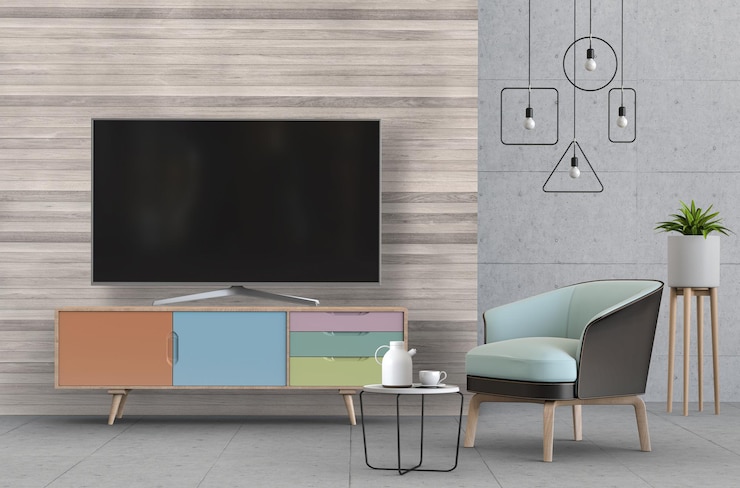 PSD interior living room with smart tv, cabinet, sofa and decorations.